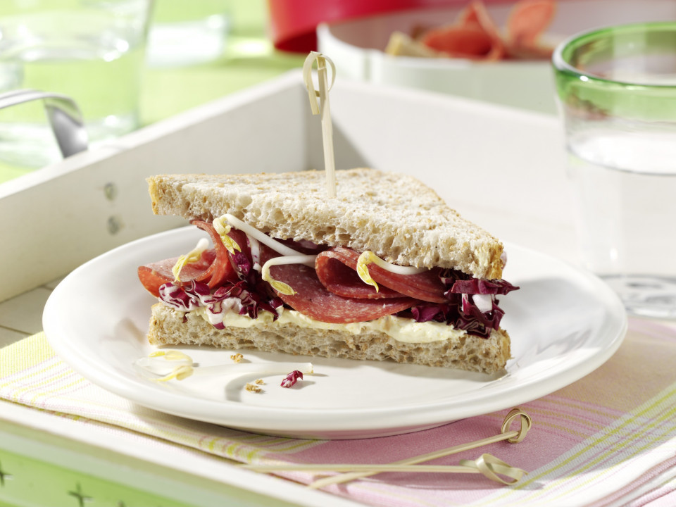 Bio Sandwich mit Radicchio, Sprossen und Salami