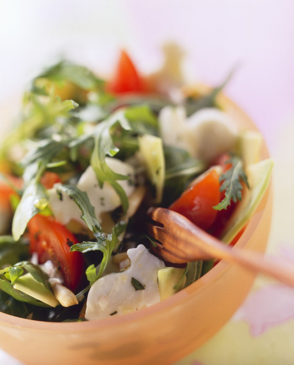 Bio Salat mit Rucola, Brunnenkresse, Tomaten und Häschen aus Mozzarella