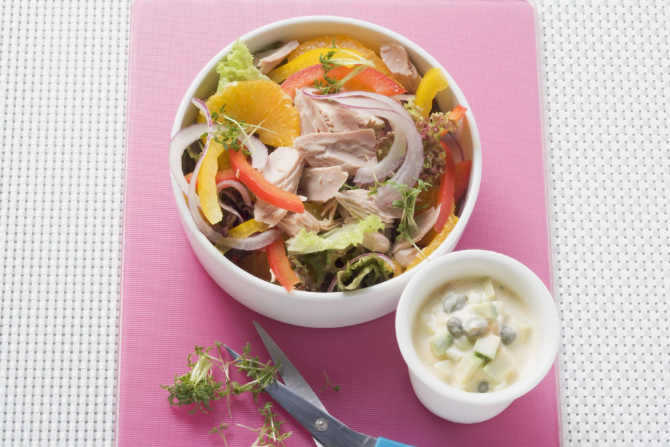 Bio Salat mit Thunfisch, dazu Avocado-Gewürzmayonnaise