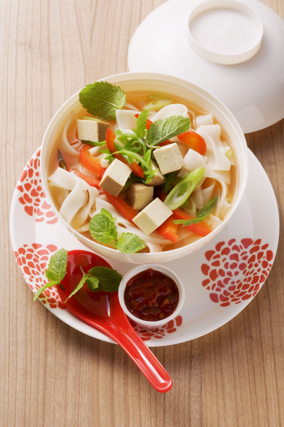 Bio Asia-Suppe mit Reisnudeln, Paprika und Tofu